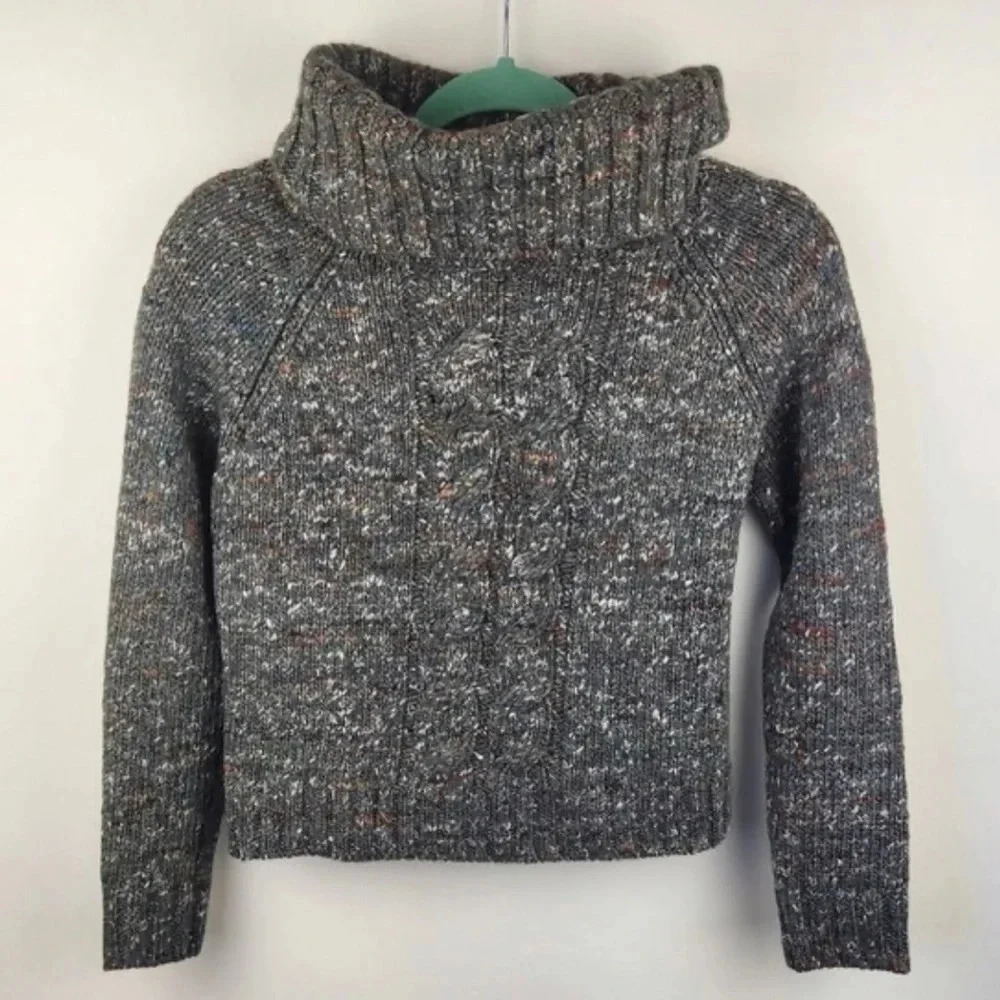 ! Jenni Kayne Wool Alpaca Silk Speckled Cropped Cable Knit Cowl Neck Sweat…
